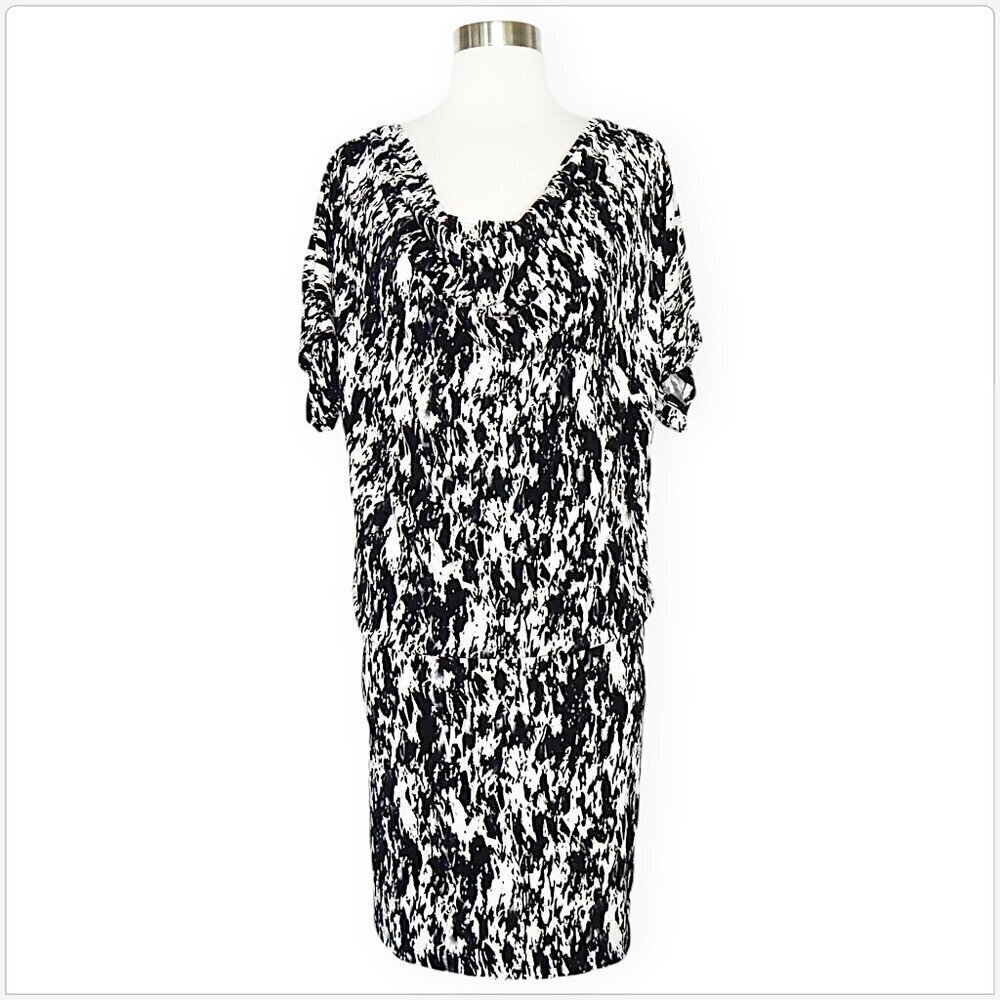 TravelSmith Black White Print Blouson Draped Neckline Stretch Jersey Dress 12